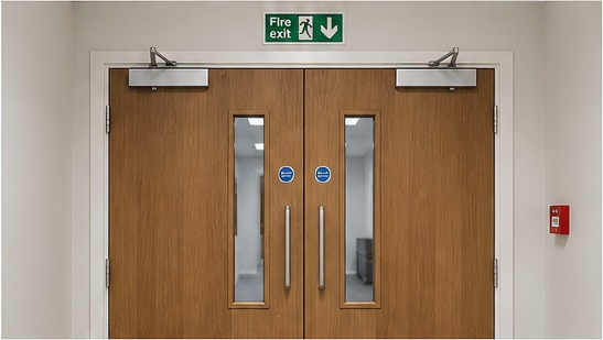 Double timber fire doors with overhead closers and vision panels