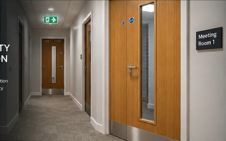 Commercial corridor with timber fire doors and glazed fire door sets