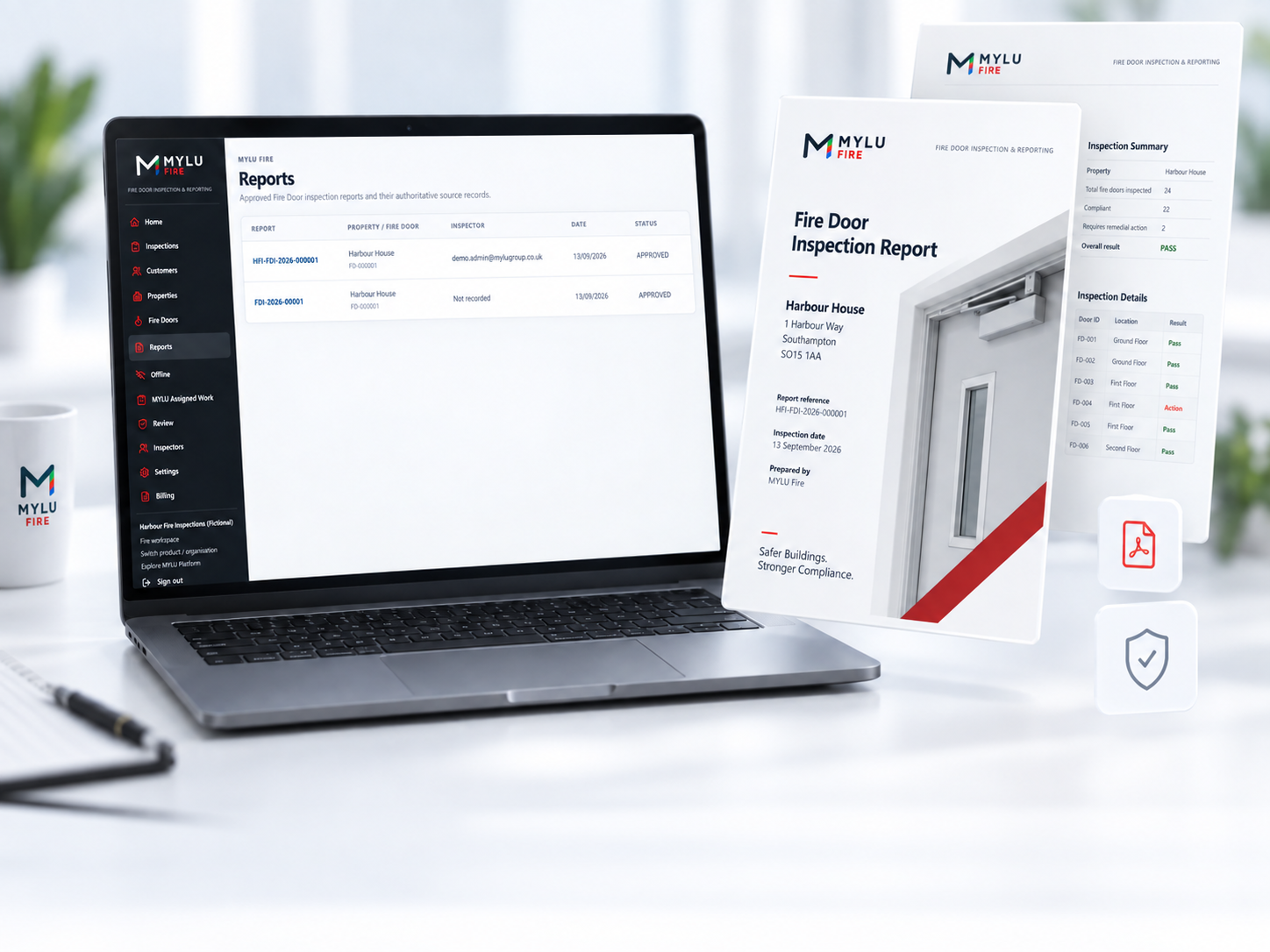 MYLU Fire reports workspace and generated fire door inspection report
