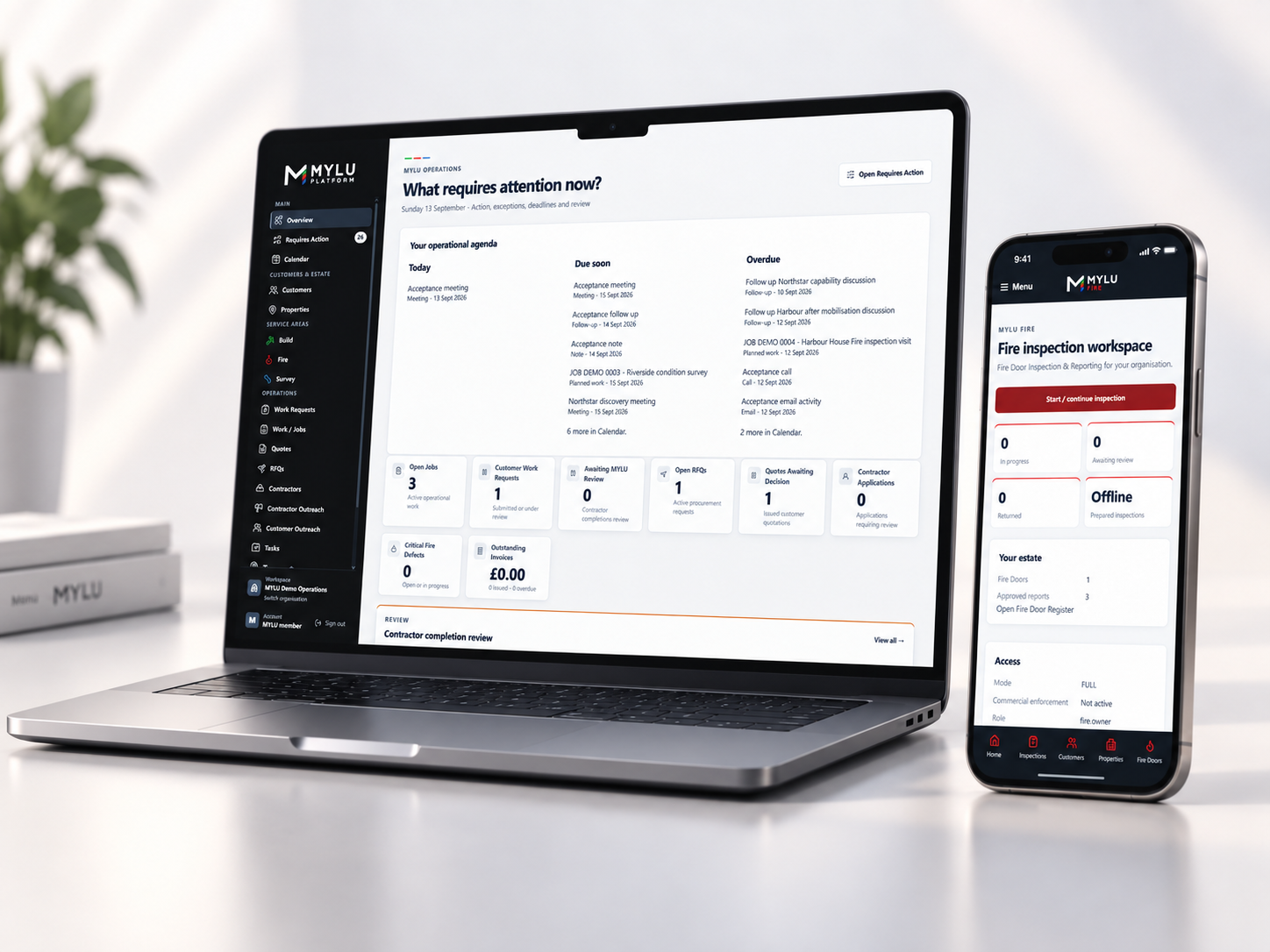 MYLU Platform dashboard and MYLU Fire mobile inspection application