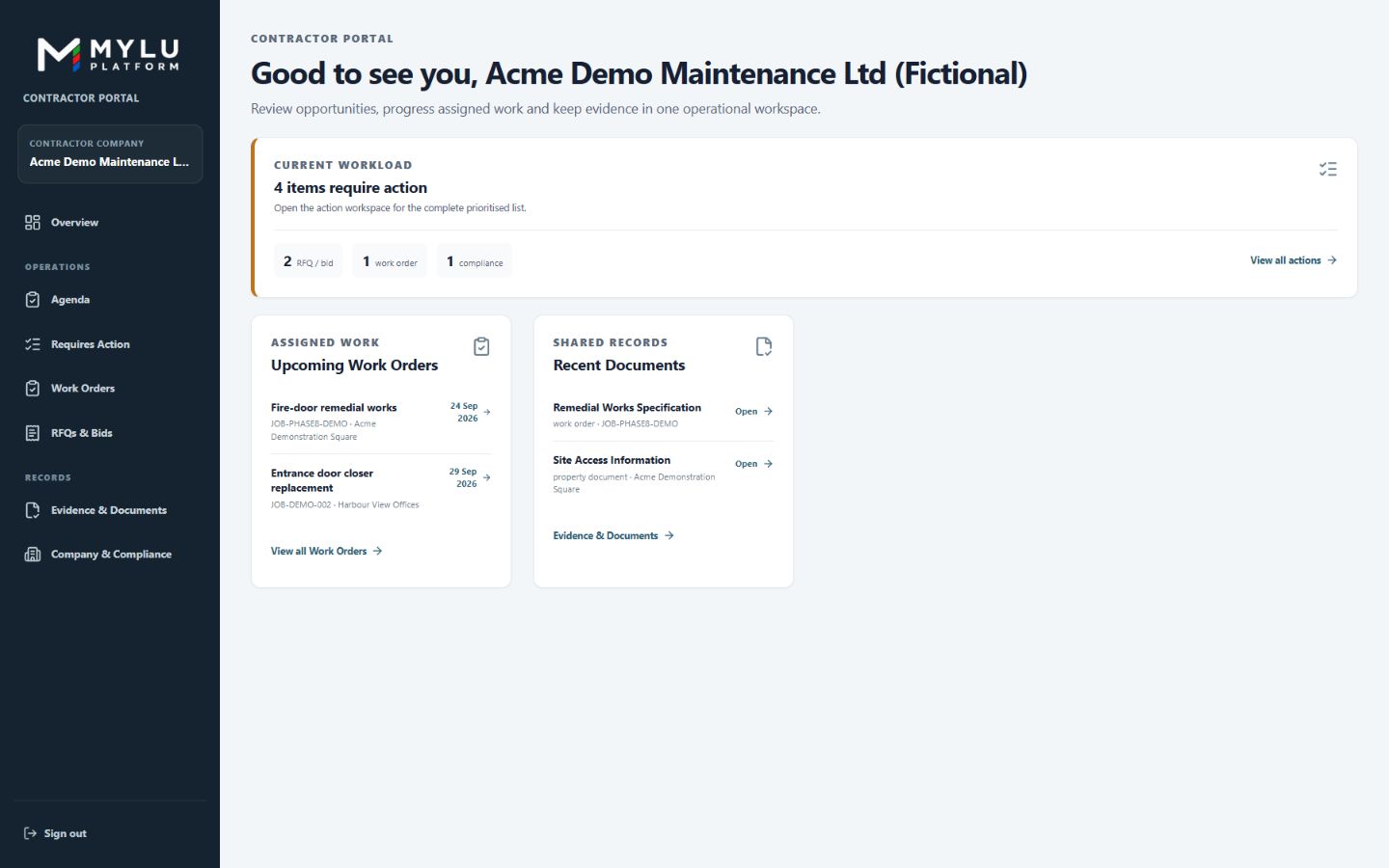 Current MYLU Contractor Portal dashboard showing required actions, work orders, evidence, documents and compliance