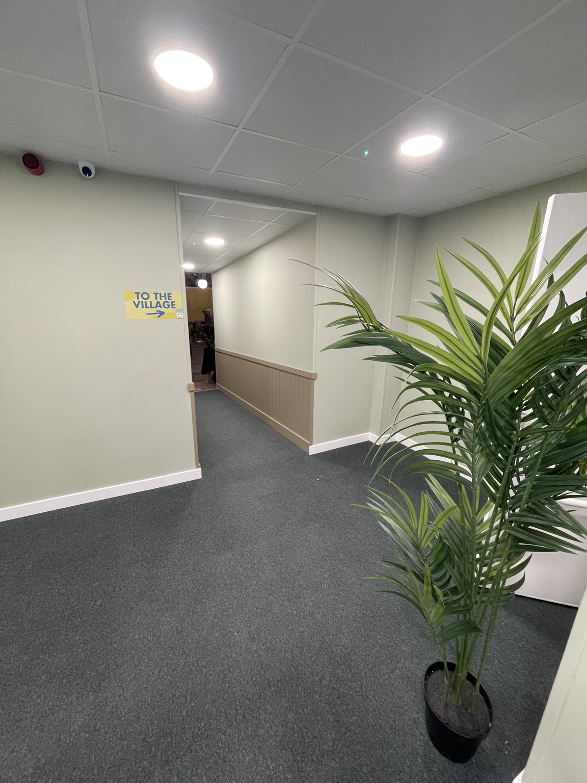 Completed commercial corridor with new finishes, doors and flooring