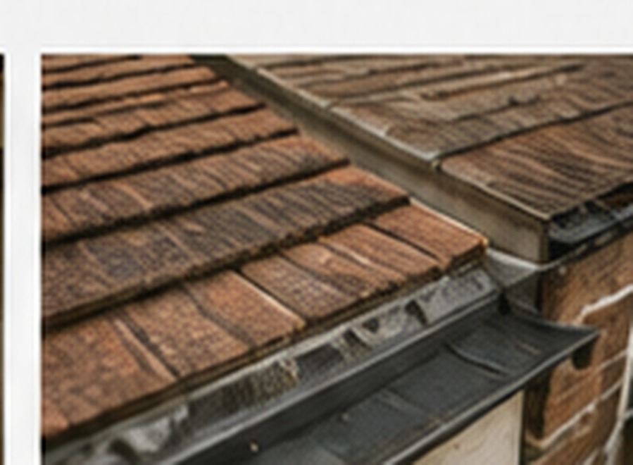 Close-up view of roof and building defect